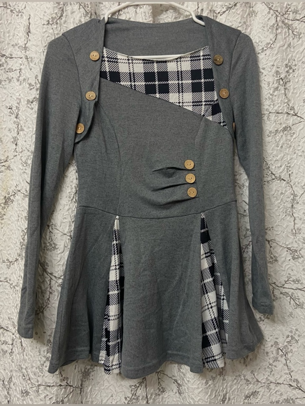 Romantic Hut Gray Long-Sleeve Dress with Plaid Insets and Button Details Size S